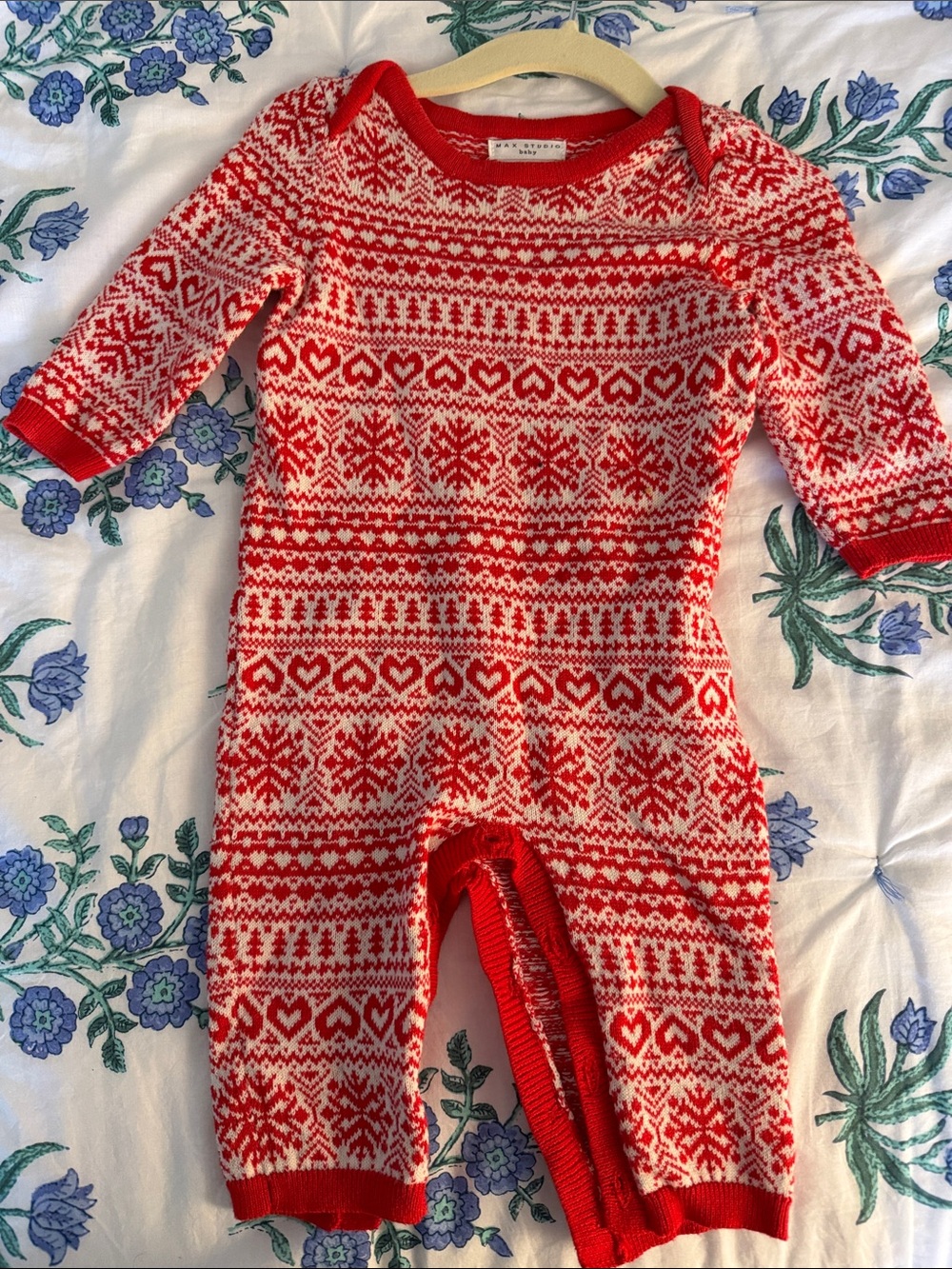 Max Studio Red and Cream Fair Isle Knit Baby One-Piece